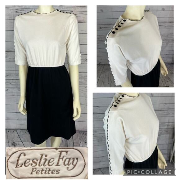 Vintage Leslie Fay dress with buttons and scalloped edges shoulders size small - Picture 1 of 12